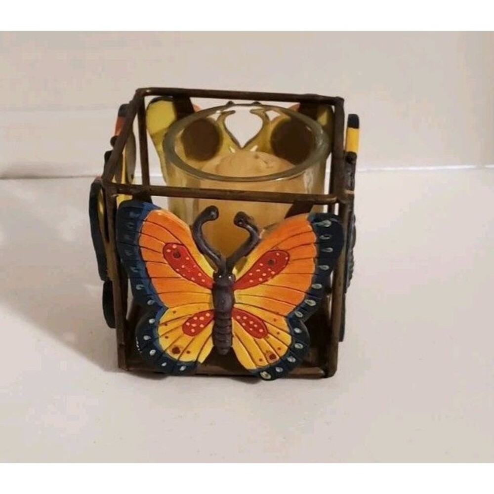 Russ Berrie Metal Butterfly Votive Candle Tea Light Holder Orange & Black Decor